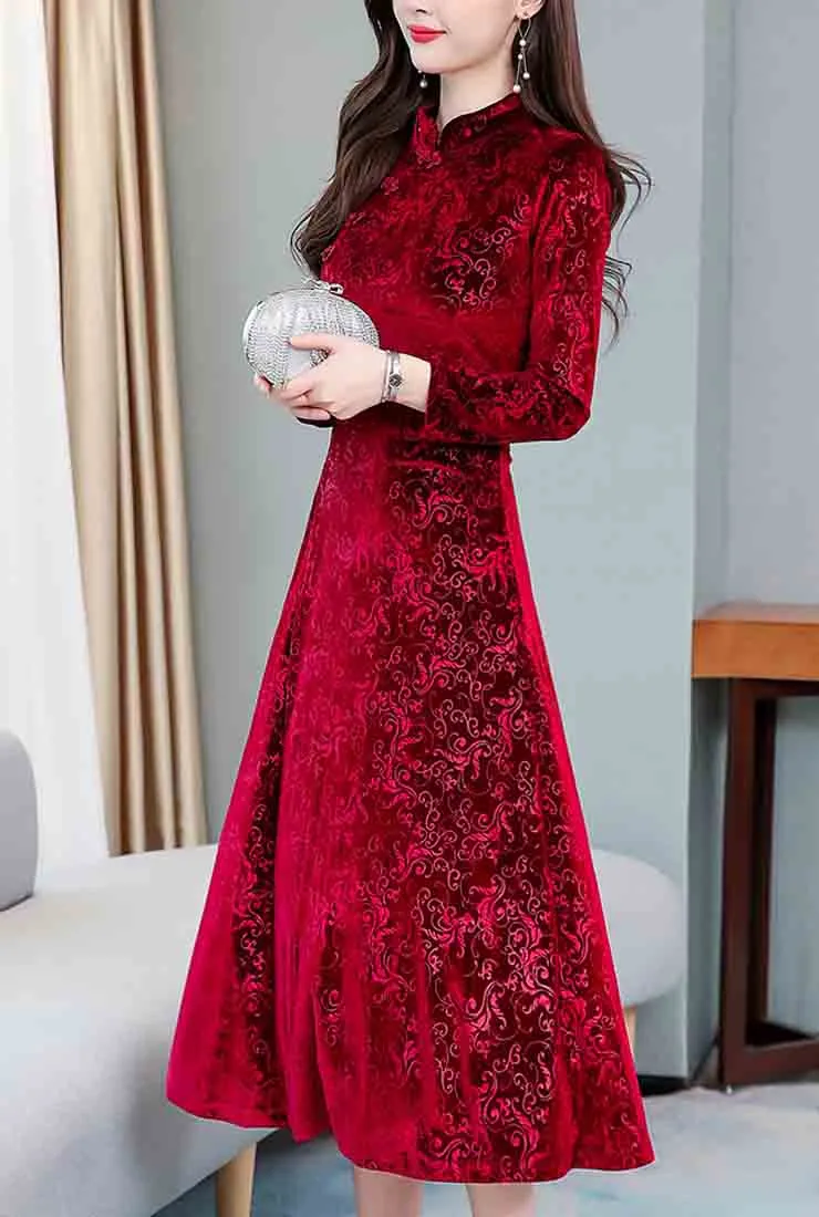 Vintage Velvet Cheongsam Midi Dress