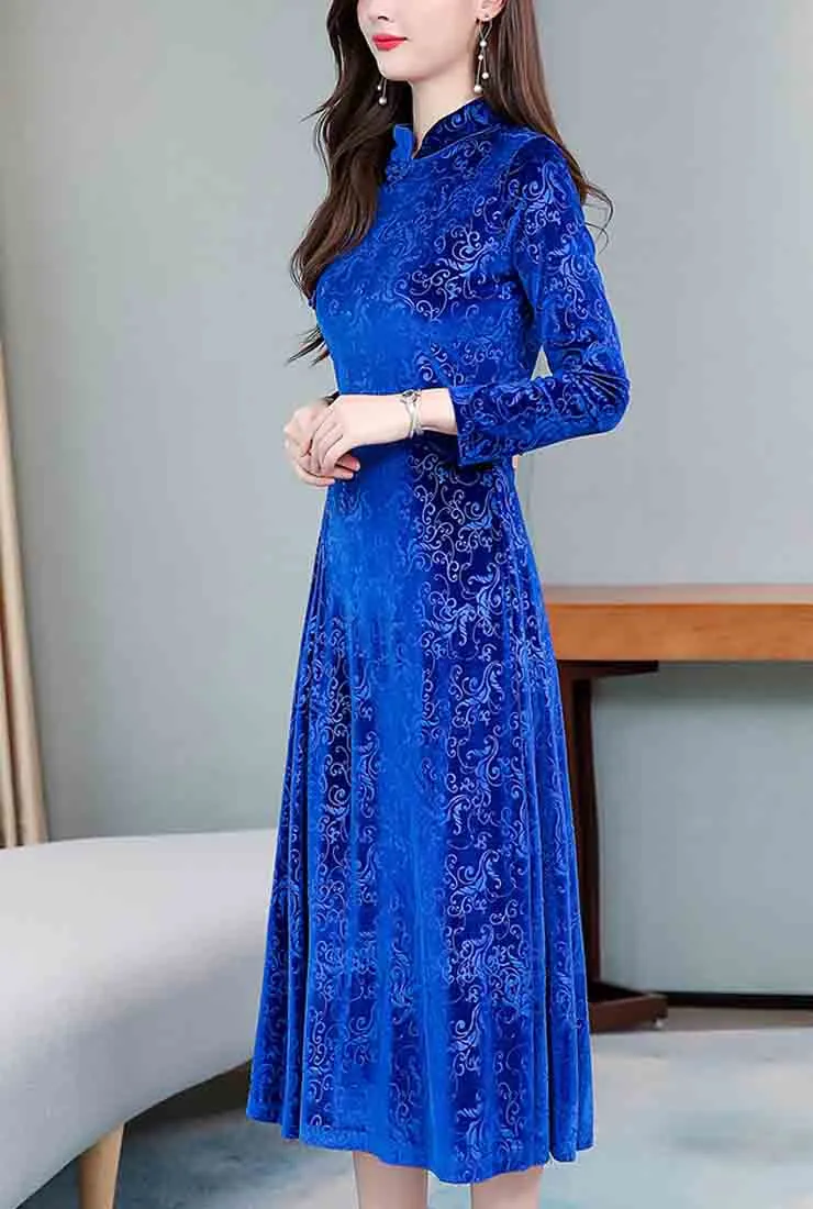 Vintage Velvet Cheongsam Midi Dress