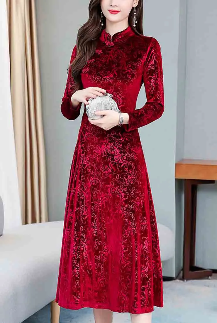 Vintage Velvet Cheongsam Midi Dress
