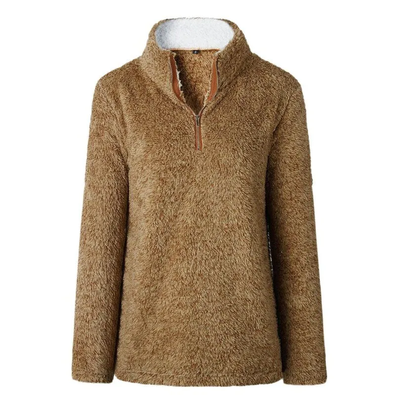 Women's Autumn/Winter Warm Thick Plush Pullover With Zipped Turtleneck