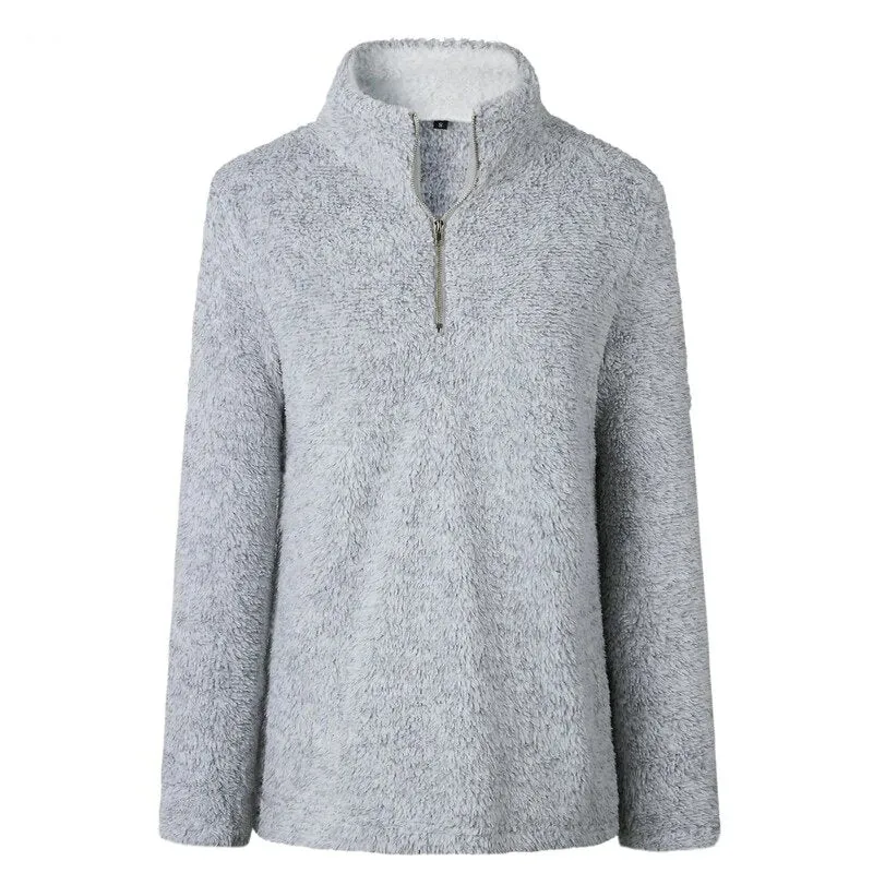 Women's Autumn/Winter Warm Thick Plush Pullover With Zipped Turtleneck