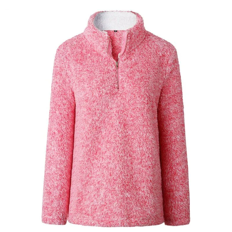 Women's Autumn/Winter Warm Thick Plush Pullover With Zipped Turtleneck