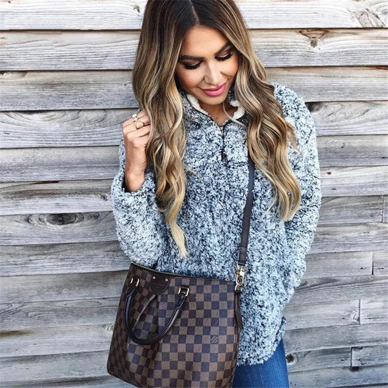 Women's Autumn/Winter Warm Thick Plush Pullover With Zipped Turtleneck