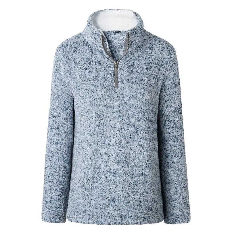 Women's Autumn/Winter Warm Thick Plush Pullover With Zipped Turtleneck