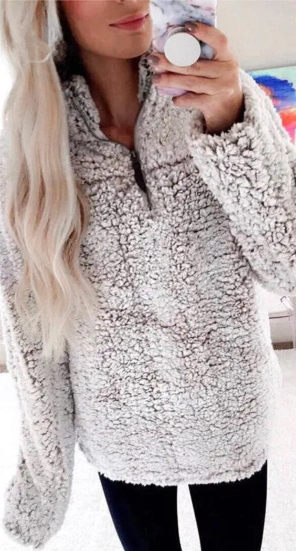 Women's Autumn/Winter Warm Thick Plush Pullover With Zipped Turtleneck