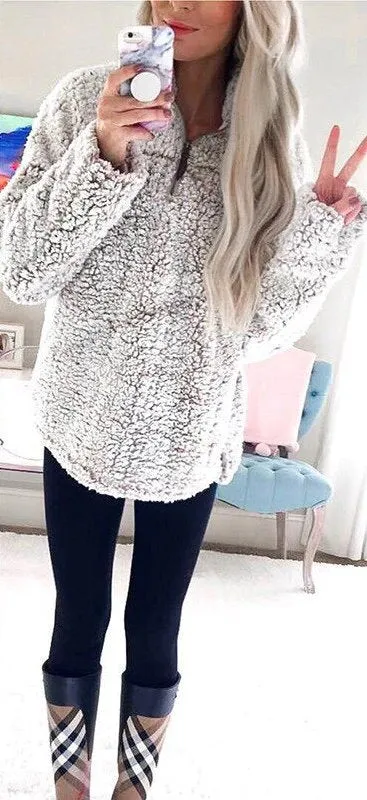 Women's Autumn/Winter Warm Thick Plush Pullover With Zipped Turtleneck