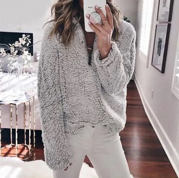 Women's Autumn/Winter Warm Thick Plush Pullover With Zipped Turtleneck