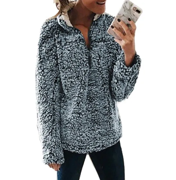 Women's Autumn/Winter Warm Thick Plush Pullover With Zipped Turtleneck